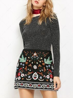 BBWM Boho Embroidered A-Line Mini Skirt in Black size Small